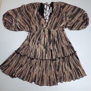 Fanco Women's Small Boho Tiered Mini‎ Dress Brown Black V-Neck Puff Sleeve